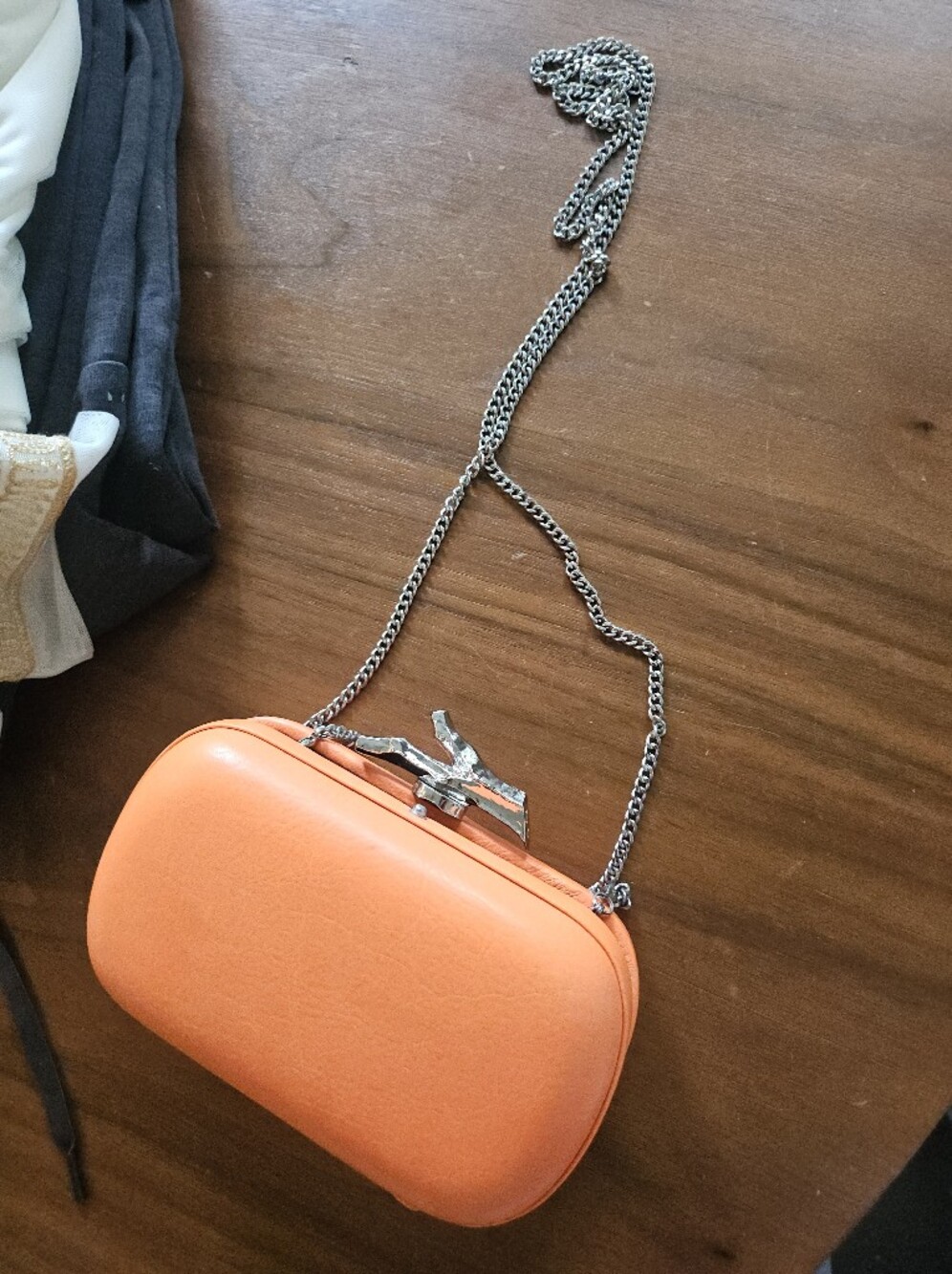 Diane Von Furstenberg Orange Leather Lytton Minaudiere Clutch Silver Chain